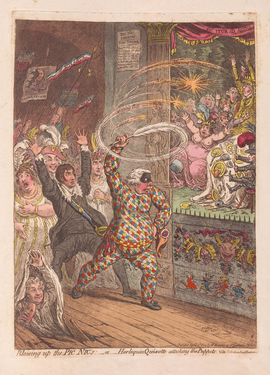 Explodindo o Pic Nics ou Arlequim Quixotte atacando os fantoches, pub. 1804 (gravura colorida à mão) de James Gillray