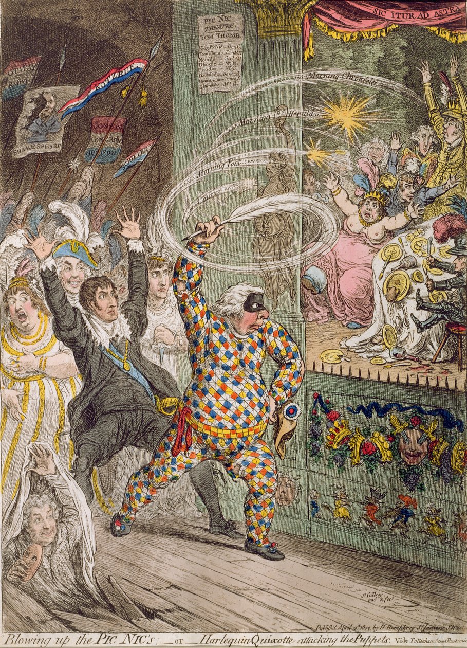 Explodindo o Pic Nic&39;s, ou Arlequim Quixote atacando os Fantoches, publicado por Hannah Humphrey em 1802 (gravura à mão colorida com aquatint) de James Gillray