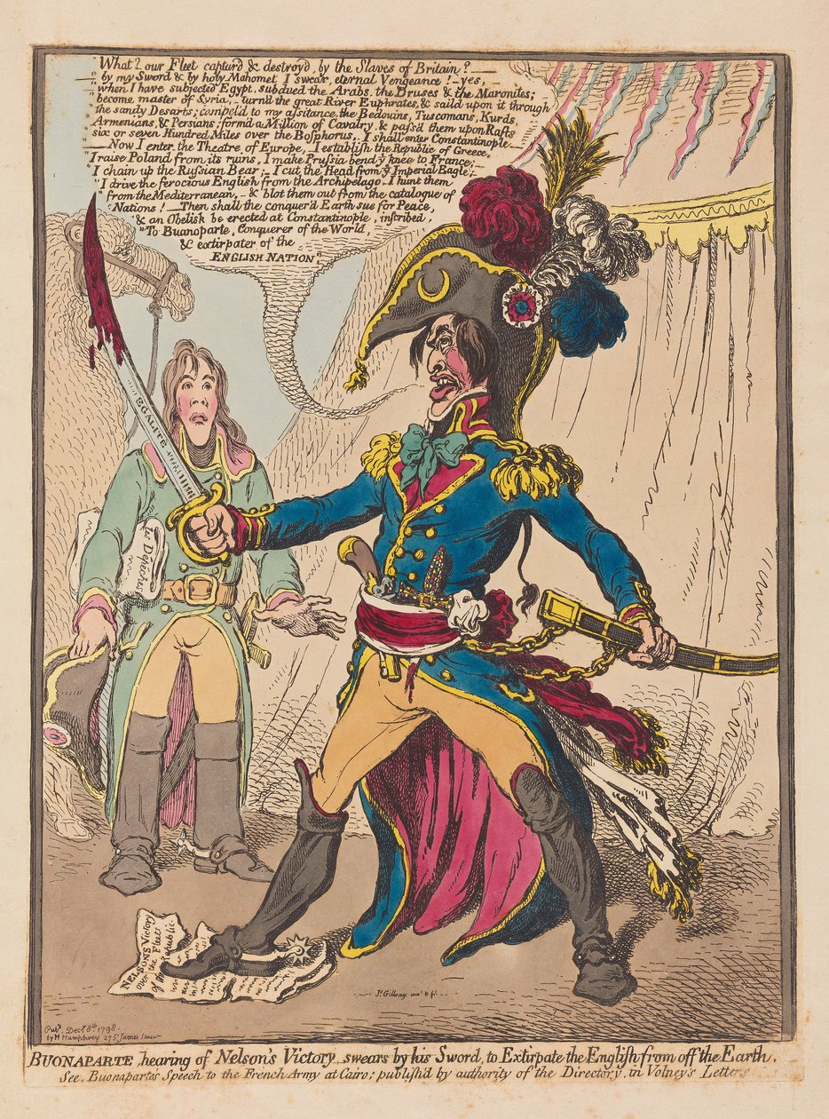 A audição de Bonaparte de Nelsons Victory jura por sua espada extirpar o inglês da terra, bar. 1798 (gravura colorida à mão) de James Gillray