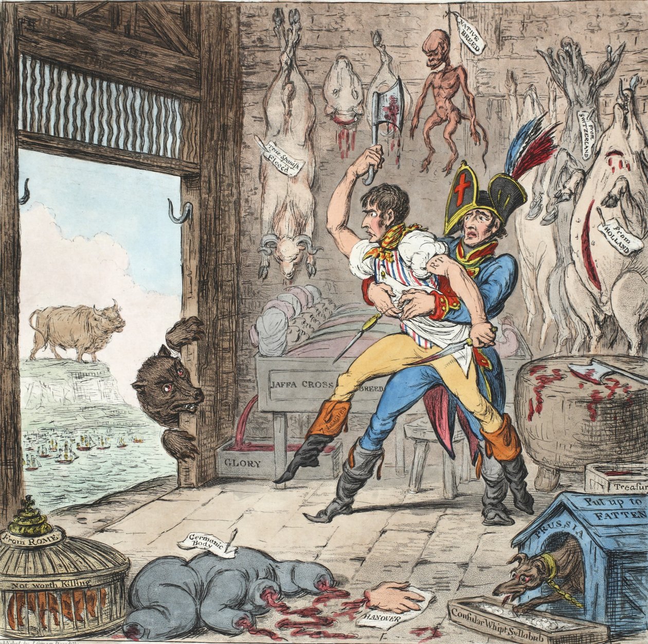 Boney e Talley, The Corsican Carcase-Açougueiros Reckoning Day - No Quarter Day !, pb. 1803 (gravura colorida à mão) de James Gillray