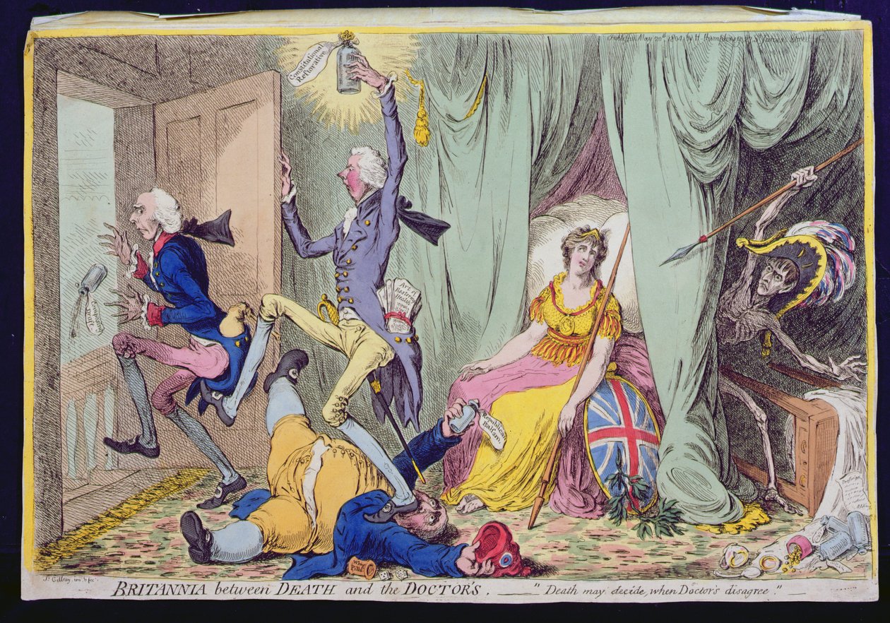 Britannia between Death e the Doctor&39;s, publicado por Hannah Humphrey em 1804 (gravura à mão colorida) de James Gillray