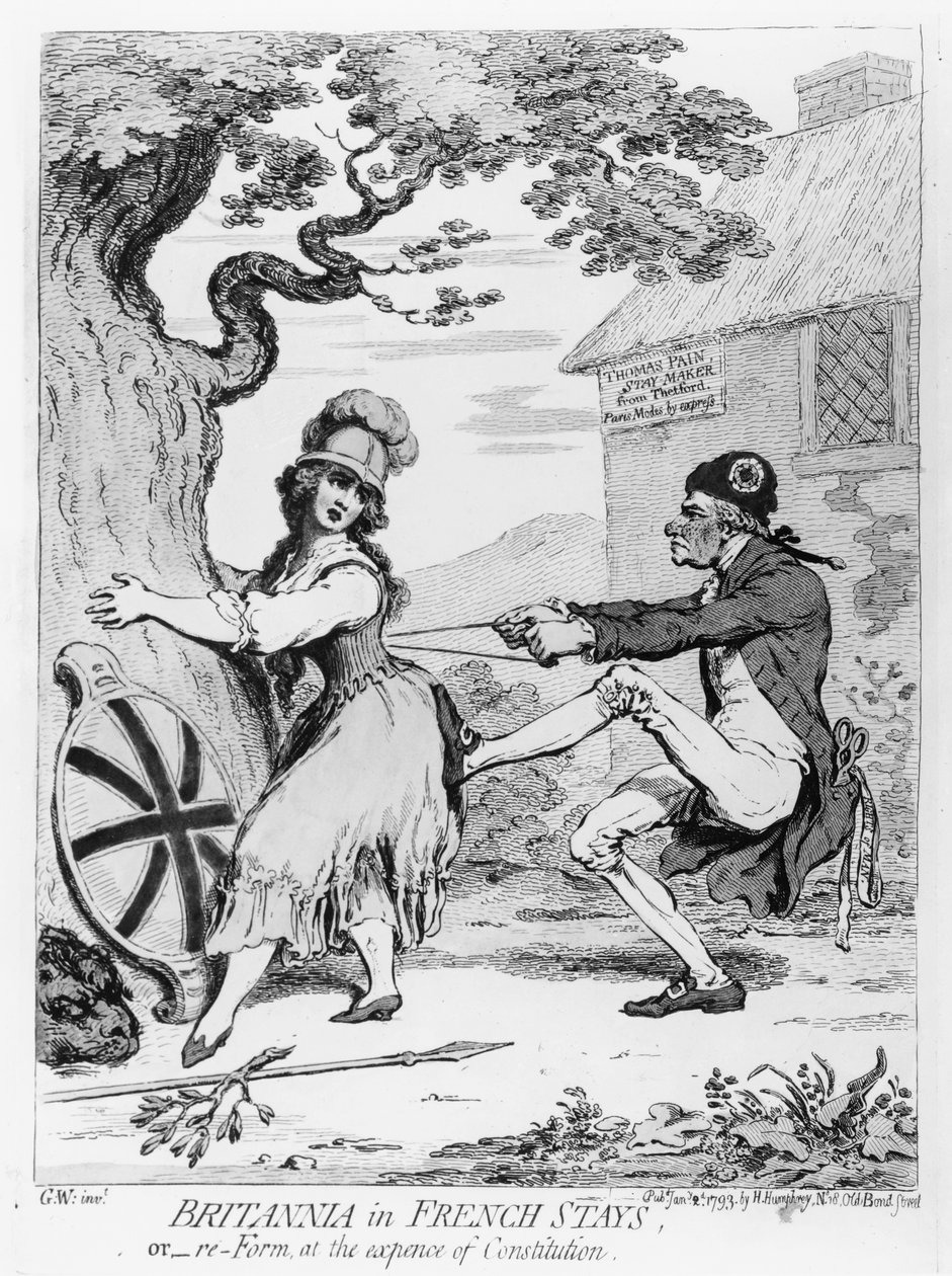 Britannia em French Stays, ou Re-Form at the Expense of Constitution, publicado por Hannah Humphrey em 1793 (gravura) de James Gillray