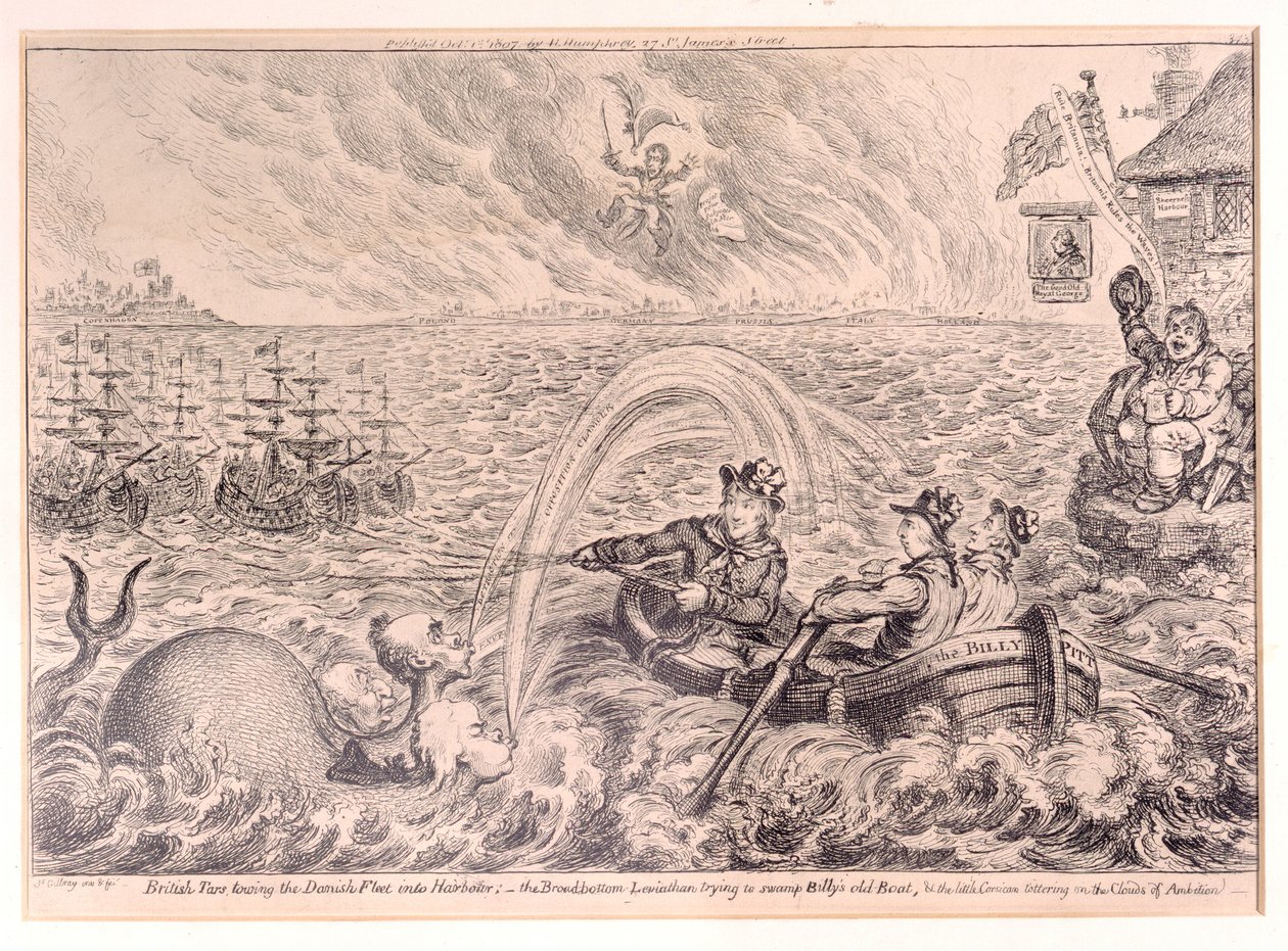 Tars britânicos que rebocam a frota dinamarquesa no porto, 1807 de James Gillray