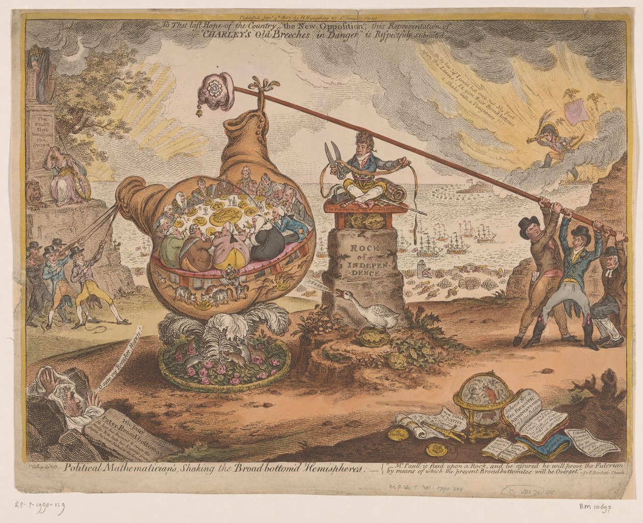 Britse politieke spotprent, 1807
Matemático Político, Abanando os Hemisférios do Fundo Largo (título sobre o objecto) de James Gillray