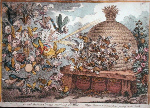 Broad Bottom Drones que invadem a Colmeia, Vespas, Vespões e Abelhas juntam-se ao ataque, publicado por Hannah Humphrey em 1808 (gravura colorida à mão) de James Gillray