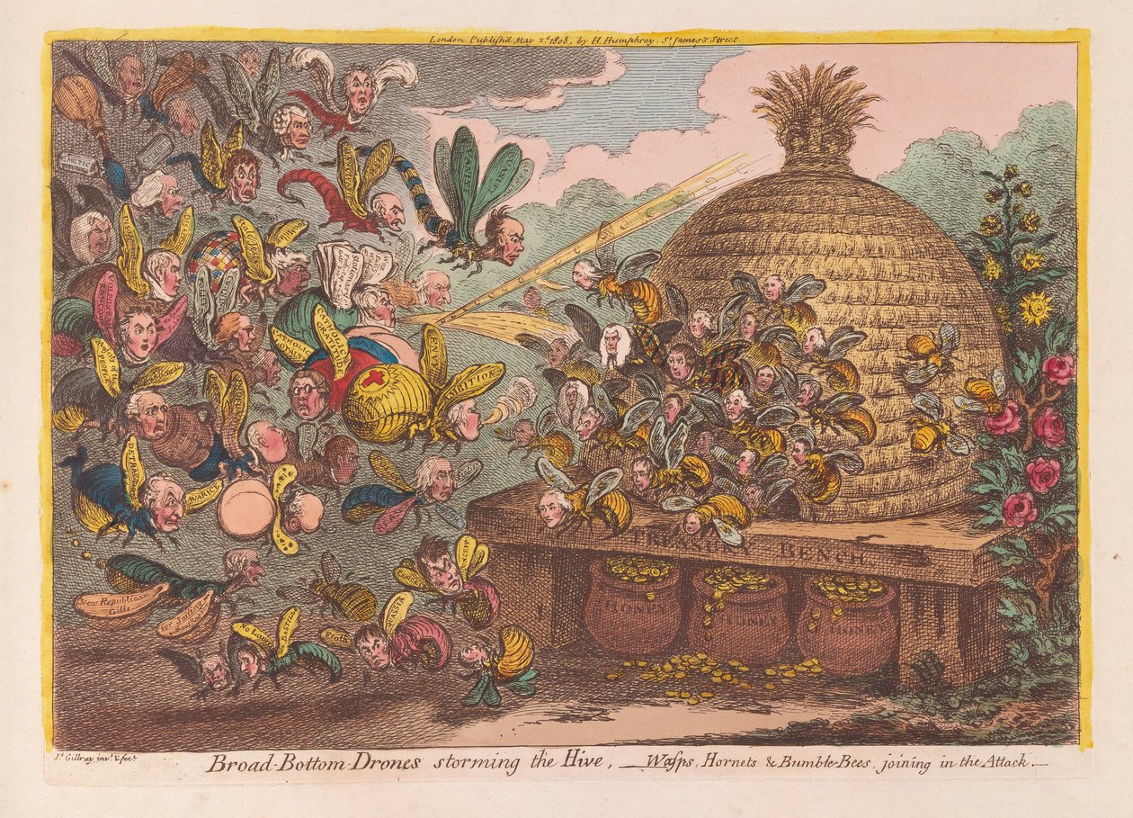 Drones de Fundo Largo atacando a Colméia: Vespas, Zangões e Bumble Bees participando do ataque, pub. 1808 (gravura colorida à mão) de James Gillray