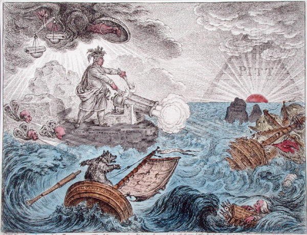 Bruin in his Boat, ou The Manager in Distress, publicado por Hannah Humphrey em 1806 (gravura colorida à mão) de James Gillray