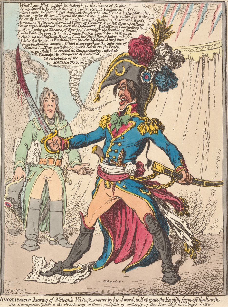 Buonaparte, ao saber da vitória de Nelson, jura pela sua espada exterminar os ingleses da face da Terra (de: Caricatura, vol. 1) de James Gillray