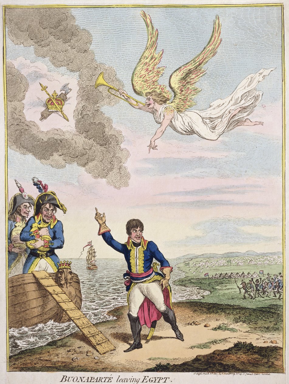 Buonaparte saindo do Egito, publicado por Hannah Humphrey em 1800 (gravura colorida à mão) de James Gillray