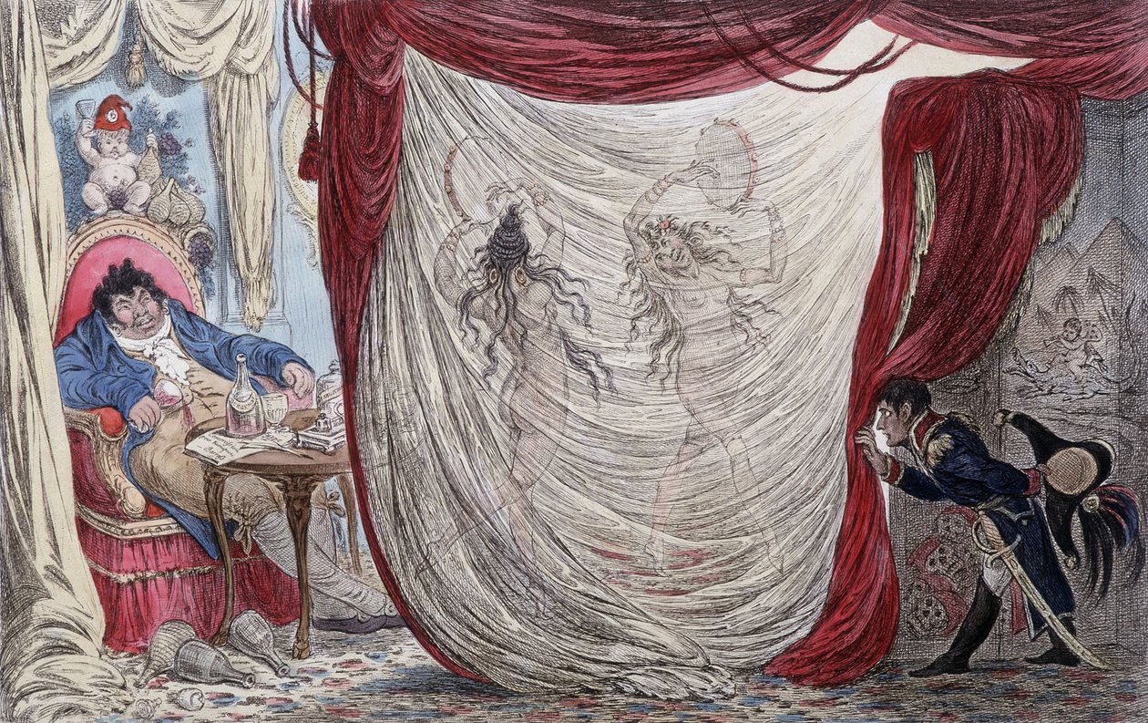 Desenho animado sobre Napoleão, Paul Barras, Josefina e Mademoiselle de Fontenay, chamada ausii Teresa (Theresa ou Terezia) Cabarrus, chamada Madame Tallien (Talien) ou estas senhoras dançam nuas para Barras, sob o olhar furtivo de Napoleão [sendo Josefina de James Gillray