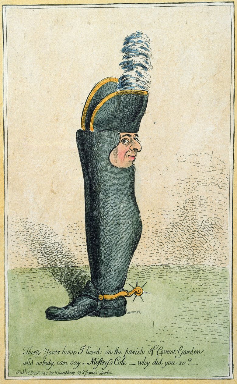 Desenho animado representando o coronel Justly Watson com o corpo de uma bota, publicado por Hannah Humphrey em 1797 (gravura à mão colorida) de James Gillray