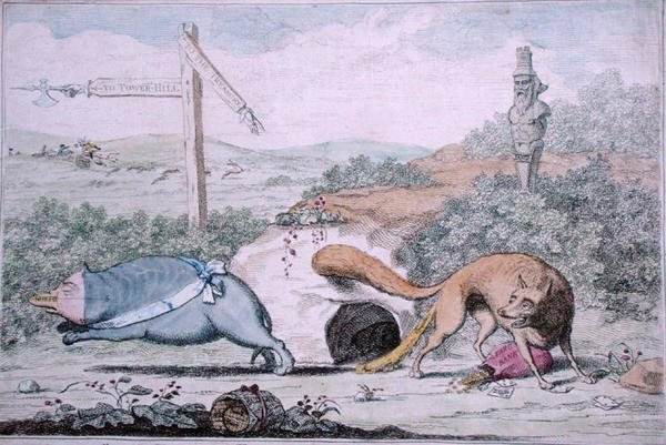 Changing Places, ou Fox cheirando o texugo do seu Ninho, publicado por William Humphrey em 1782 (gravura colorida à mão) de James Gillray