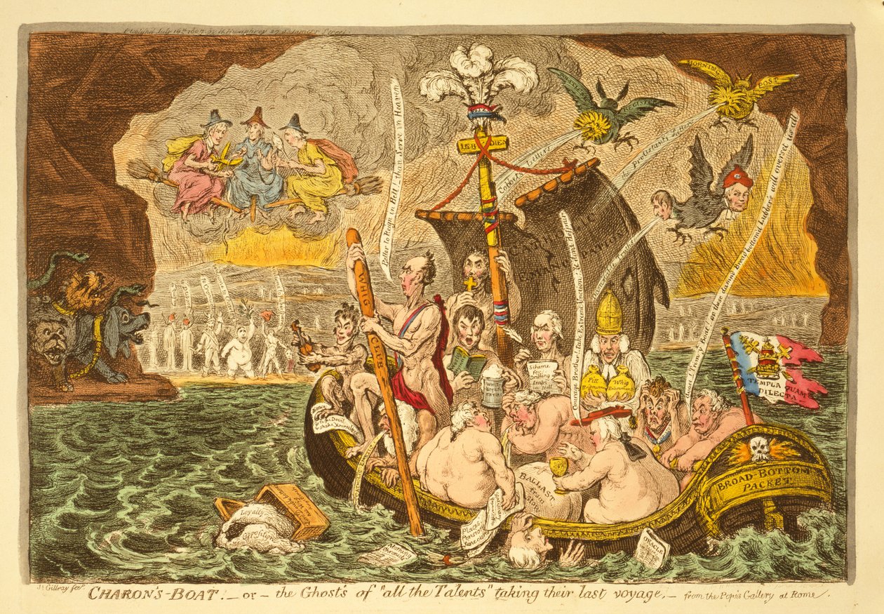 O Barco de Caronte, ou Os Fantasmas dos &39;Todos os Talentos&39; Fazendo sua Última Viagem, publicado por Hannah Humphrey, 1807 (gravura à mão colorida) de James Gillray