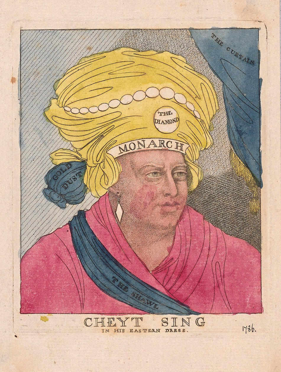Cheyt Canta em seu vestido oriental, pub. 1786 (gravura colorida à mão) de James Gillray