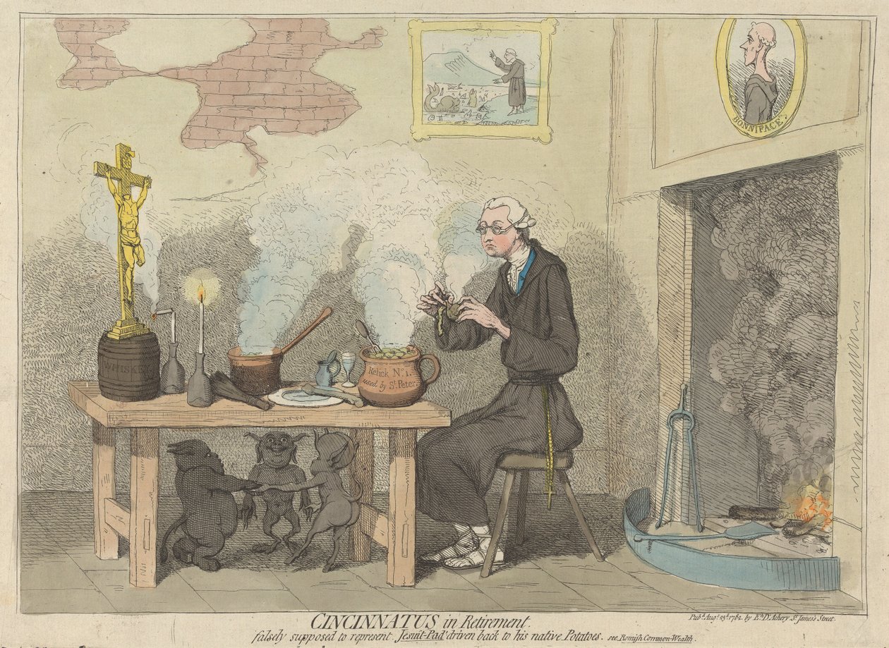 Cincinato na reforma, falsamente considerado como representando o Jesuíta-Pad repelido para as suas batatas nativas. (de: Caricatura, vol. 2) de James Gillray