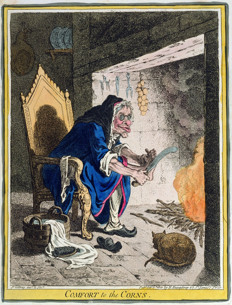 Comfort to the Corns, publicado por Hannah Humphrey em 1800 (gravura à mão colorida) de James Gillray