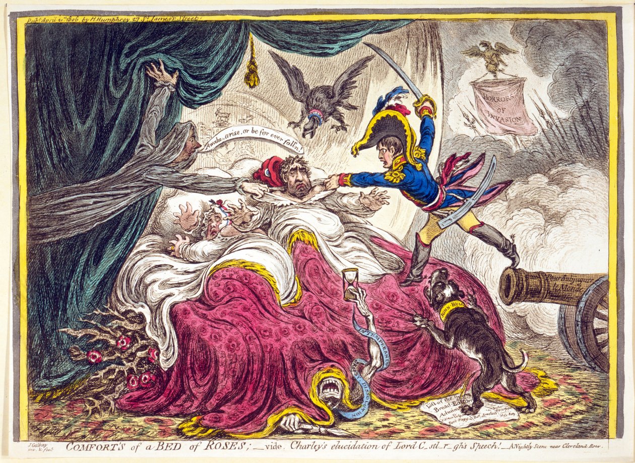 Confortos de uma cama de rosas: pub. Hannah Humphrey, 21 de abril de 1806 (gravura colorida à mão) de James Gillray