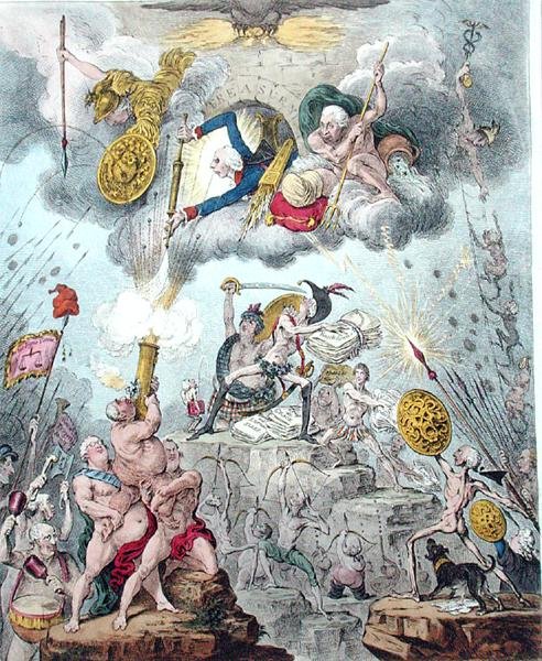 Confederated Coalition, ou The Giants Storming Heaven, publicado por Hannah Humphrey em 1804 (gravura, gravura, aquatint & aquarela sobre papel) de James Gillray