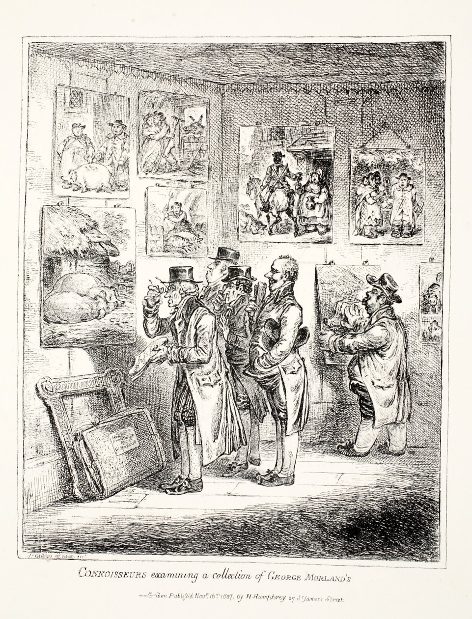 Conhecedores examinando uma coleção de George Morland, 1807 de James Gillray