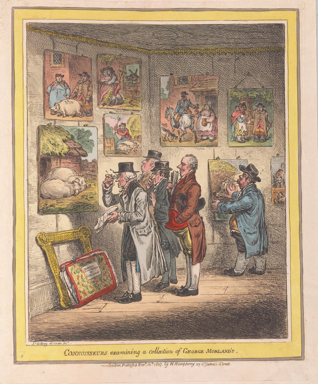 Conhecedores examinando uma coleção de George Morlands, pub. 1807 (gravura colorida à mão) de James Gillray