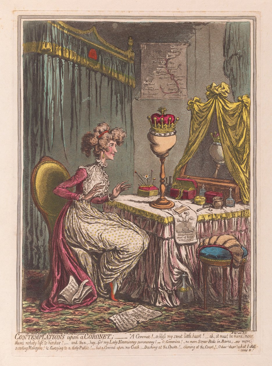 Contemplações em um Coronet, bar. 1807 (gravura colorida à mão) de James Gillray