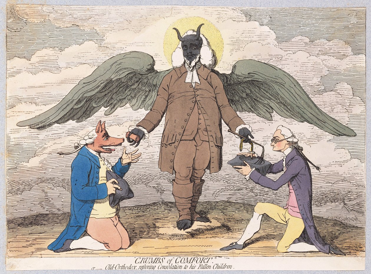 Migalhas do conforto, ou ortodoxos velhos que restauram a consolação a suas crianças caídas, bar. 1782 (gravura colorida à mão) de James Gillray