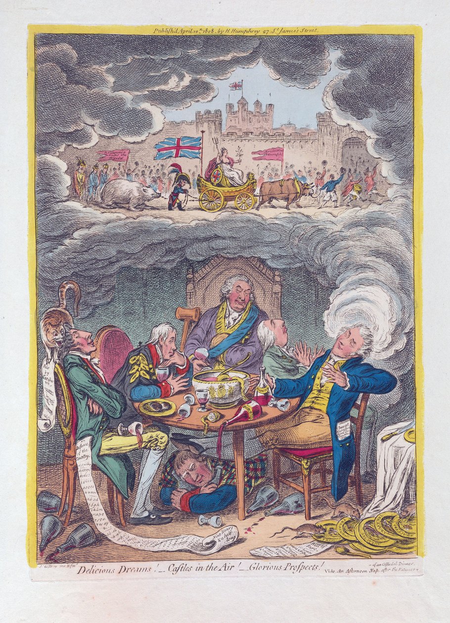 Deliciosos Sonhos: Castelos no Ar! - gloriosas perspectivas !, pub. 1808 (gravura colorida à mão) de James Gillray