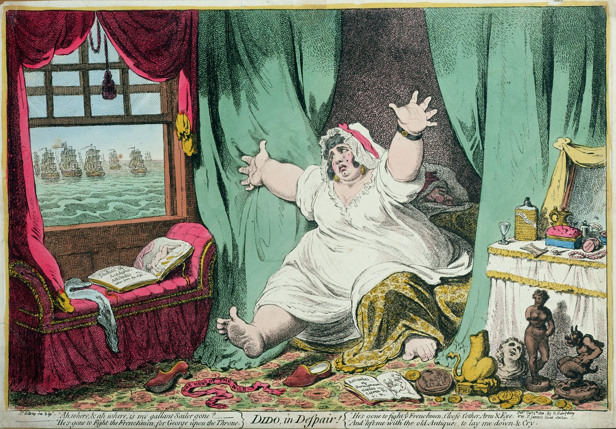 Dido in Despair, publicado por Hannah Humphrey, 1801 (gravura colorida à mão) de James Gillray