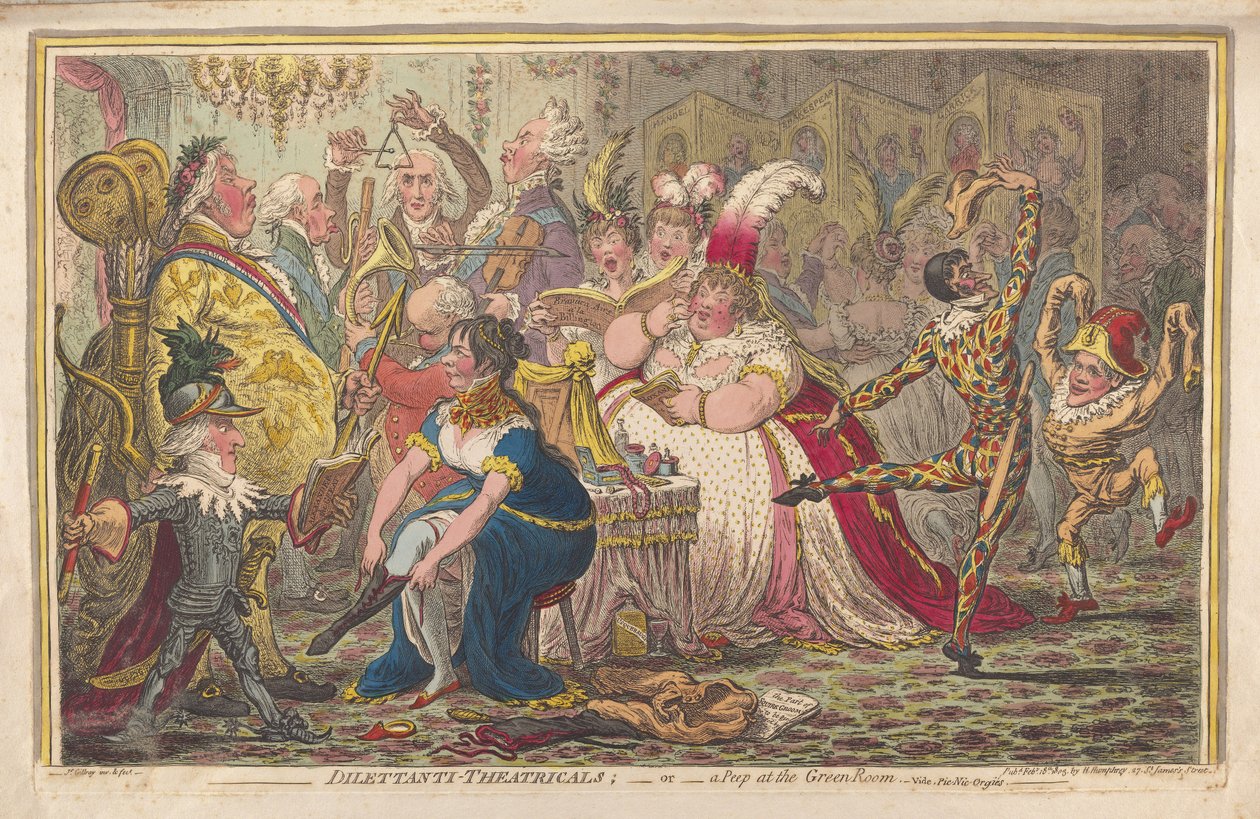 Theatricals de Dilettanti ou uma espreitadela no quarto verde, vide. Pic-Nic-Orgies, pub. 1803 (gravura colorida à mão) de James Gillray