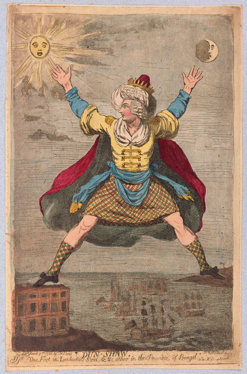 Dun-Shaw, um pé em Leadenhall Street e outro na província de Bengala, pub. 1788 (gravura colorida à mão) de James Gillray