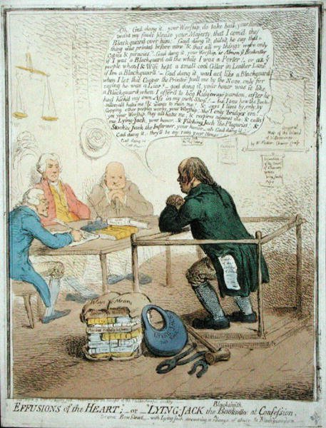 Effusions of the Heart, ou "Lying Jack the Blacksmith at Confession", publicado por Hannah Humphrey em 1795 para a Sociedade Filantrópica (gravura colorida à mão) de James Gillray