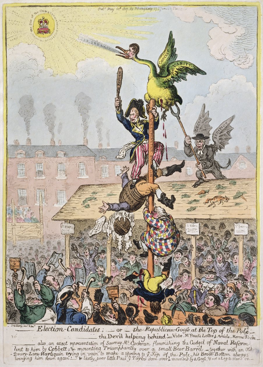 Candidato Eleitoral, ou o Ganso Republicano no Topo do Pólo, publicado por Hannah Humphrey em 1807 (gravura à mão colorida) de James Gillray
