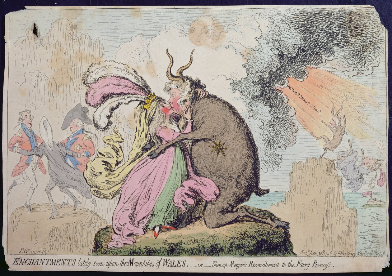 Encantos recentemente vistos na Montanha de Gales, ou Reconciliação de Shon-ap-Morgan para a Princesa das Fadas, publicado por Hannah Humphrey em 1796 (gravura à mão colorida) de James Gillray