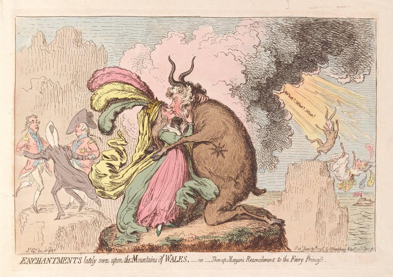 Encantos recentemente vistos nas Montanhas de Gales ou Shon-ap Morgans Reconciliação com a Princesa das Fadas, pub. 1796 (gravura colorida à mão) de James Gillray