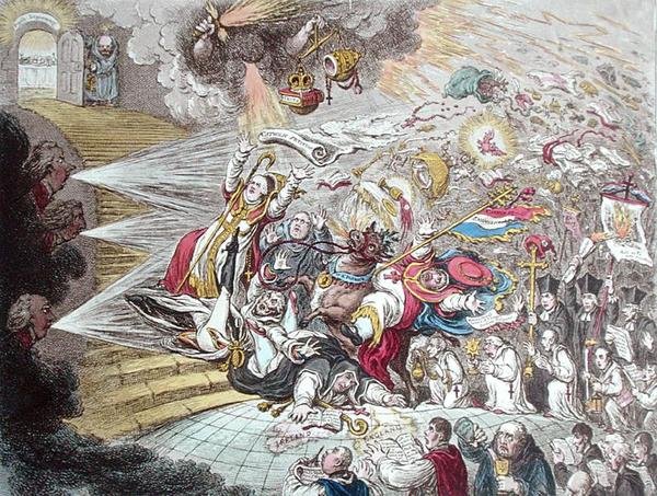 Fim da Farsa Irlandesa da Emancipação Católica, publicado por Hannah Humphrey em 1805 (gravura colorida à mão) de James Gillray