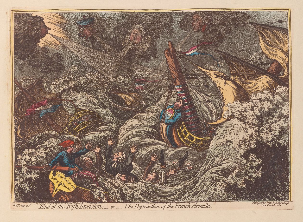 Fim da invasão irlandesa ou a destruição da armada francesa, bar. 1797 (gravura colorida à mão) de James Gillray