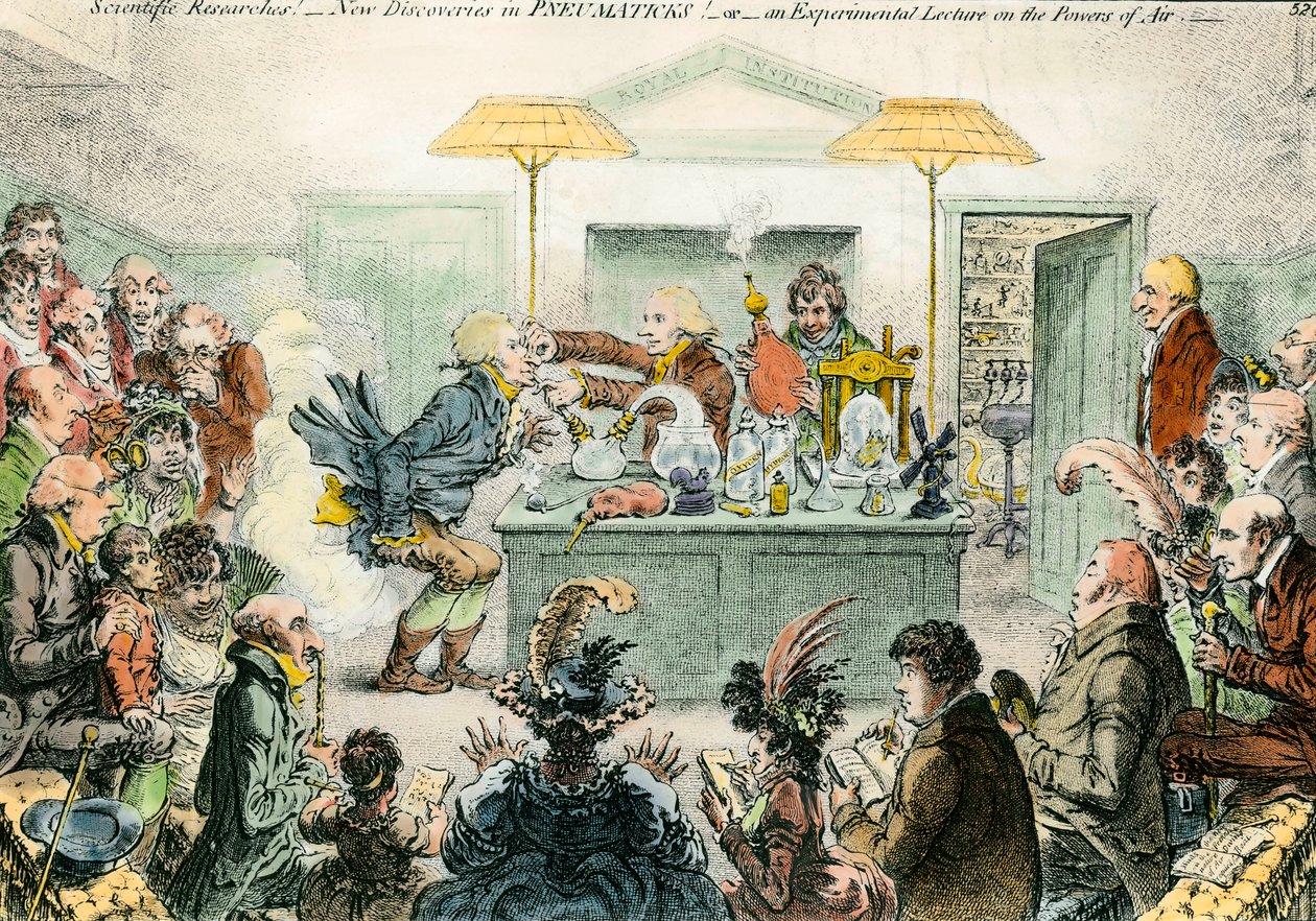 Sátira inglesa sobre a ciência: novas descobertas em materiais pneumáticos. Desenho satírico sobre o entusiasmo pelas conferências científicas do século XIX. Gravura de James Gillray (1757-1815) de James Gillray