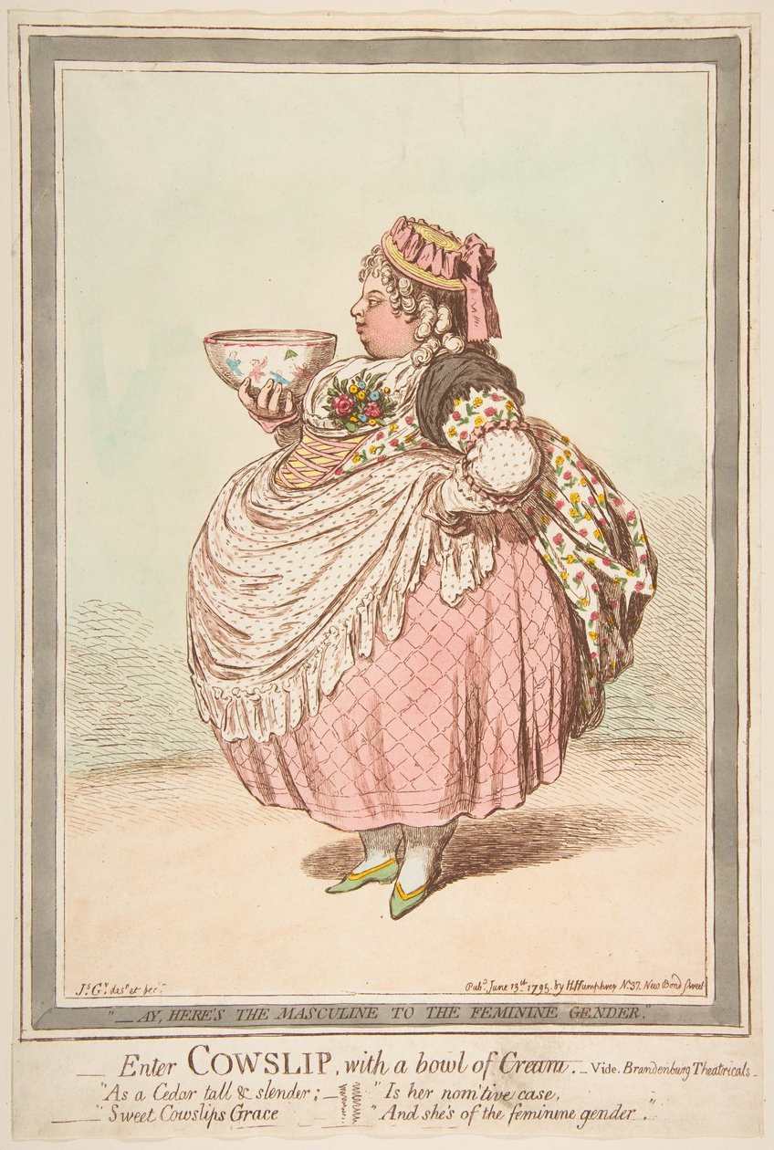 Digite Cowslip com uma tigela de creme. - vide Theatricals de Brandenburg, 13 de junho de 1795. de James Gillray