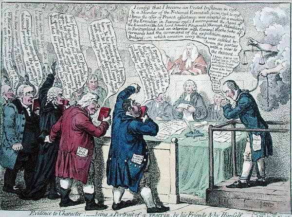 Evidência de caráter: ser, um retrato de um traidor, por seus amigos e por ele mesmo, publicado por J. Wright para a "Anti-Jacobin Review" em 1798 (gravura colorida à mão) de James Gillray