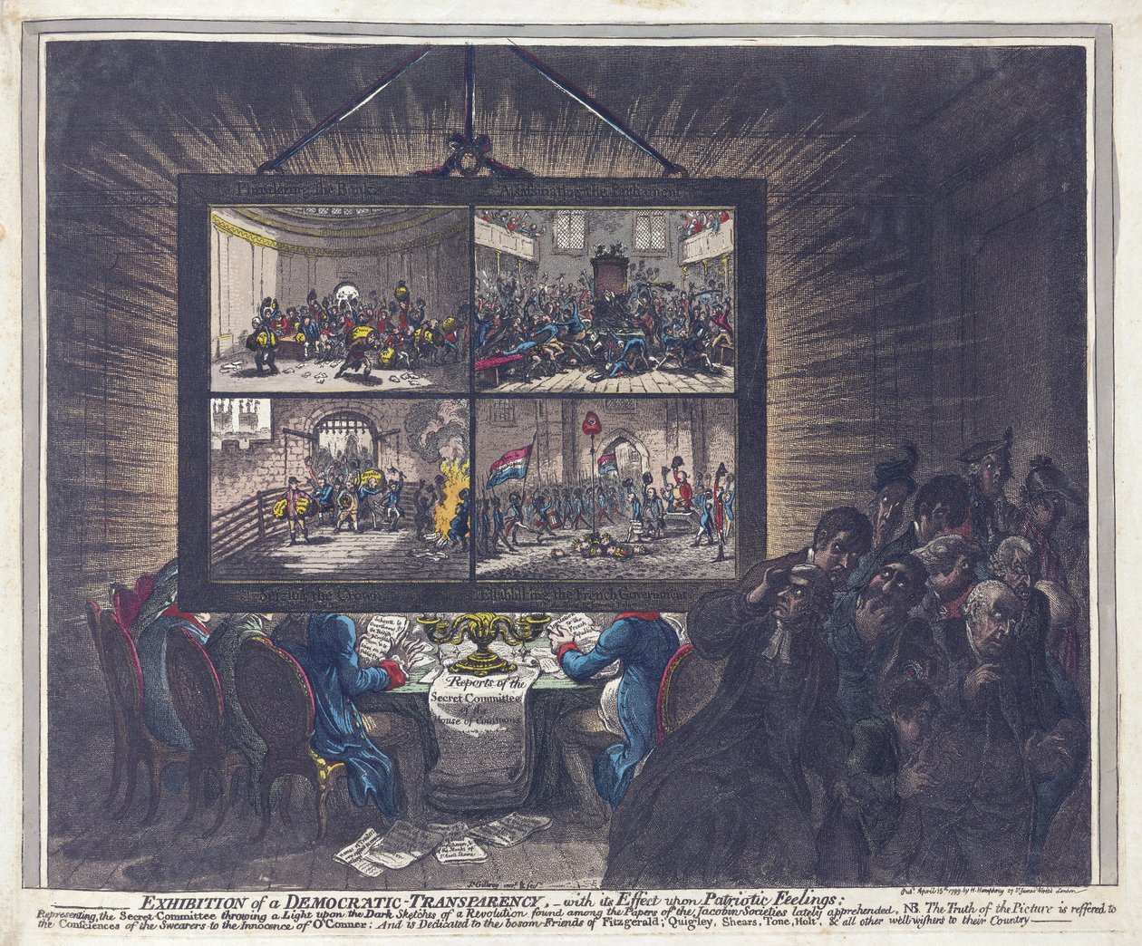 Exposição de uma Transparência Democrática, com seu Efeito sobre os Sentimentos Patrióticos, pub. 1799 (gravura colorida à mão) de James Gillray