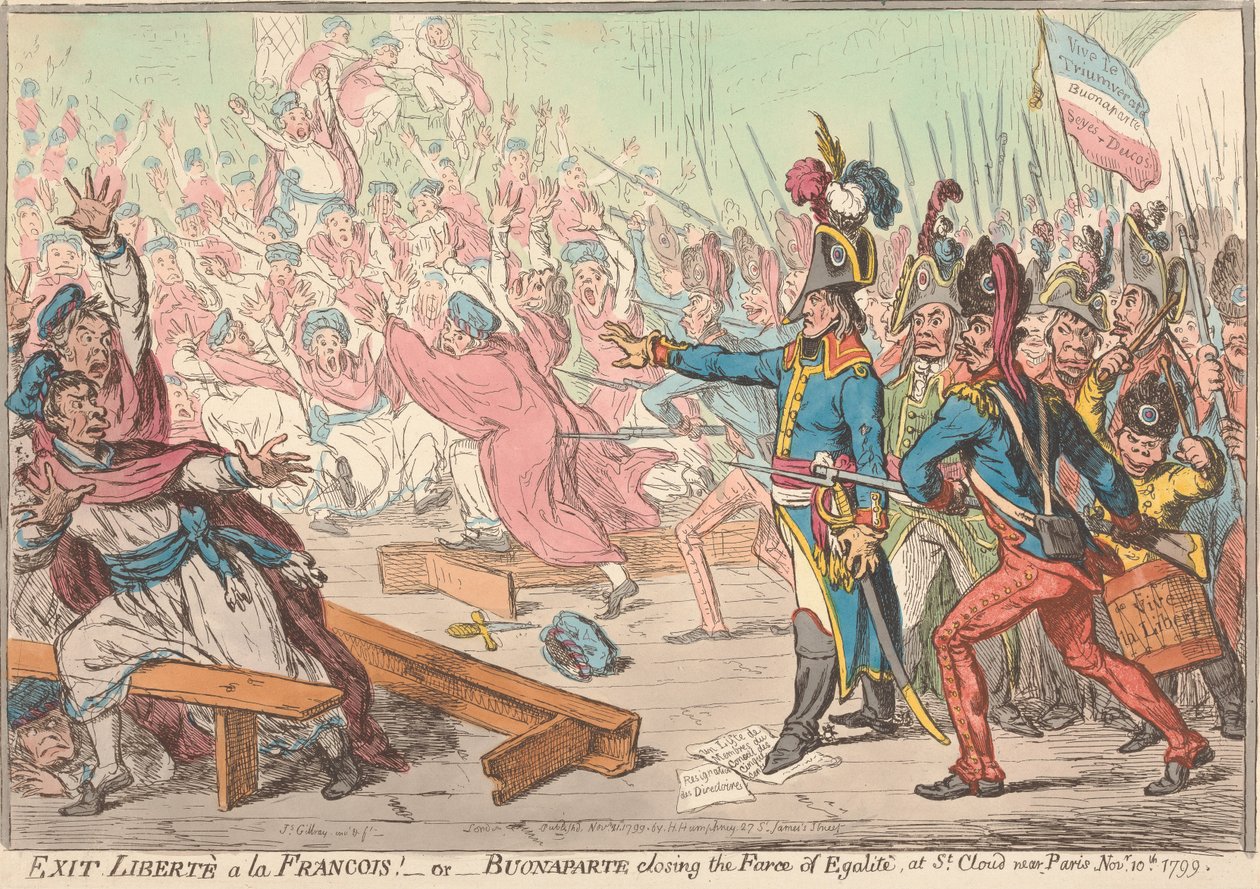 Adeus à «Liberté à la François»! — ou — Bonaparte põe fim à farsa da «Égalité», em Saint-Cloud, perto de Paris, a 10 de novembro de 1799 de James Gillray