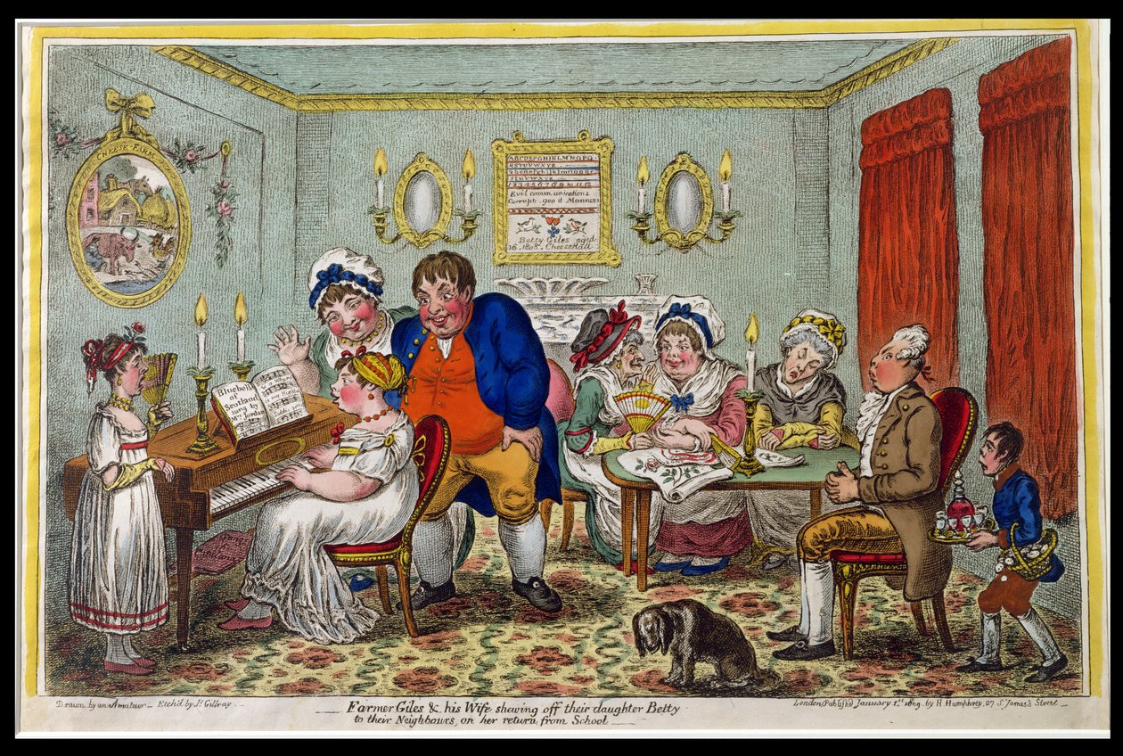 Fazendeiro Giles e sua Esposa mostrando sua filha Betty para seus vizinhos em seu retorno da escola, publicado por Hannah Humphrey em 1809 (gravura à mão colorida) de James Gillray