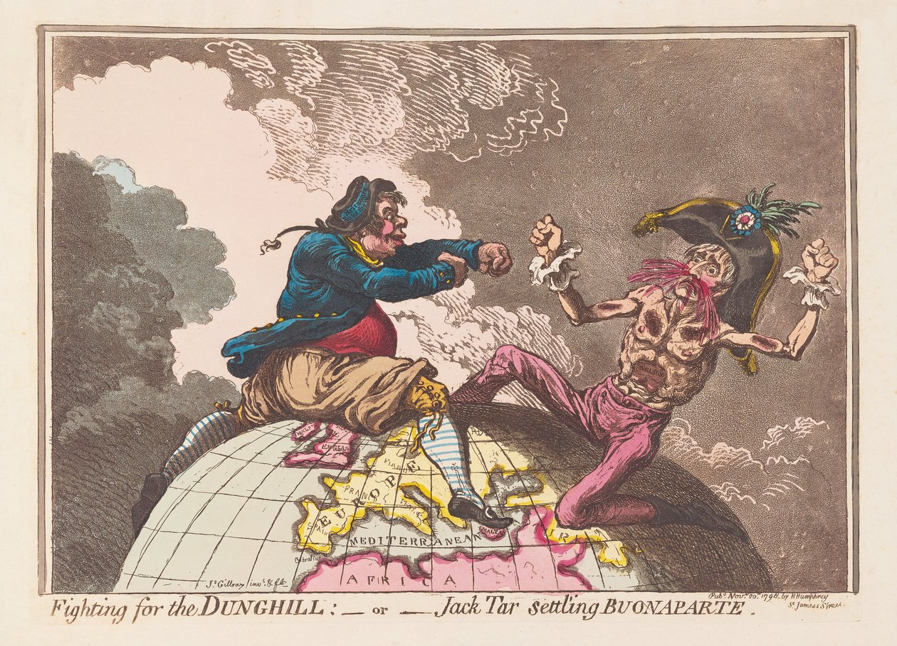 Lutando pelo Dunghill ou pelo Jack Tar que estabelece Buonaparte, bar. 1798 (gravura colorida à mão) de James Gillray