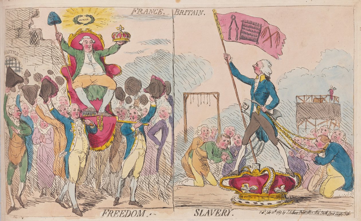 França Liberdade, Escravatura Britânica, pub. 1789 (gravura colorida à mão) de James Gillray