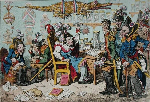 Os generais franceses que se retiram por causa da sua saúde com Lepaux presidindo ao Dispensatório Directorial, publicado por Hannah Humphrey em 1799 (gravura colorida à mão) de James Gillray