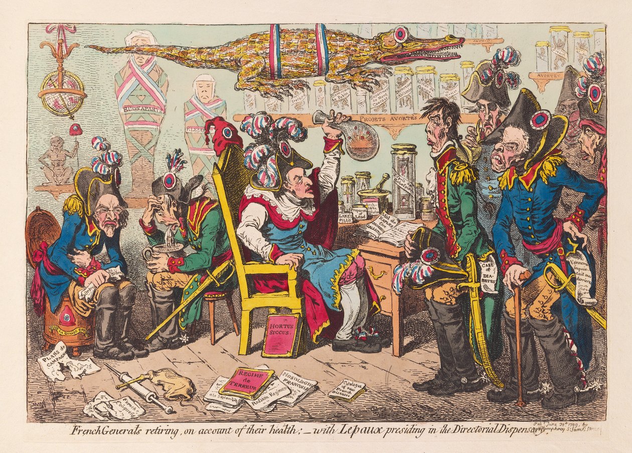 Generais franceses se aposentando por causa de sua saúde: - com Lepaux presidindo no Dispensário Diretorial, pub. 1799 (gravura colorida à mão) de James Gillray