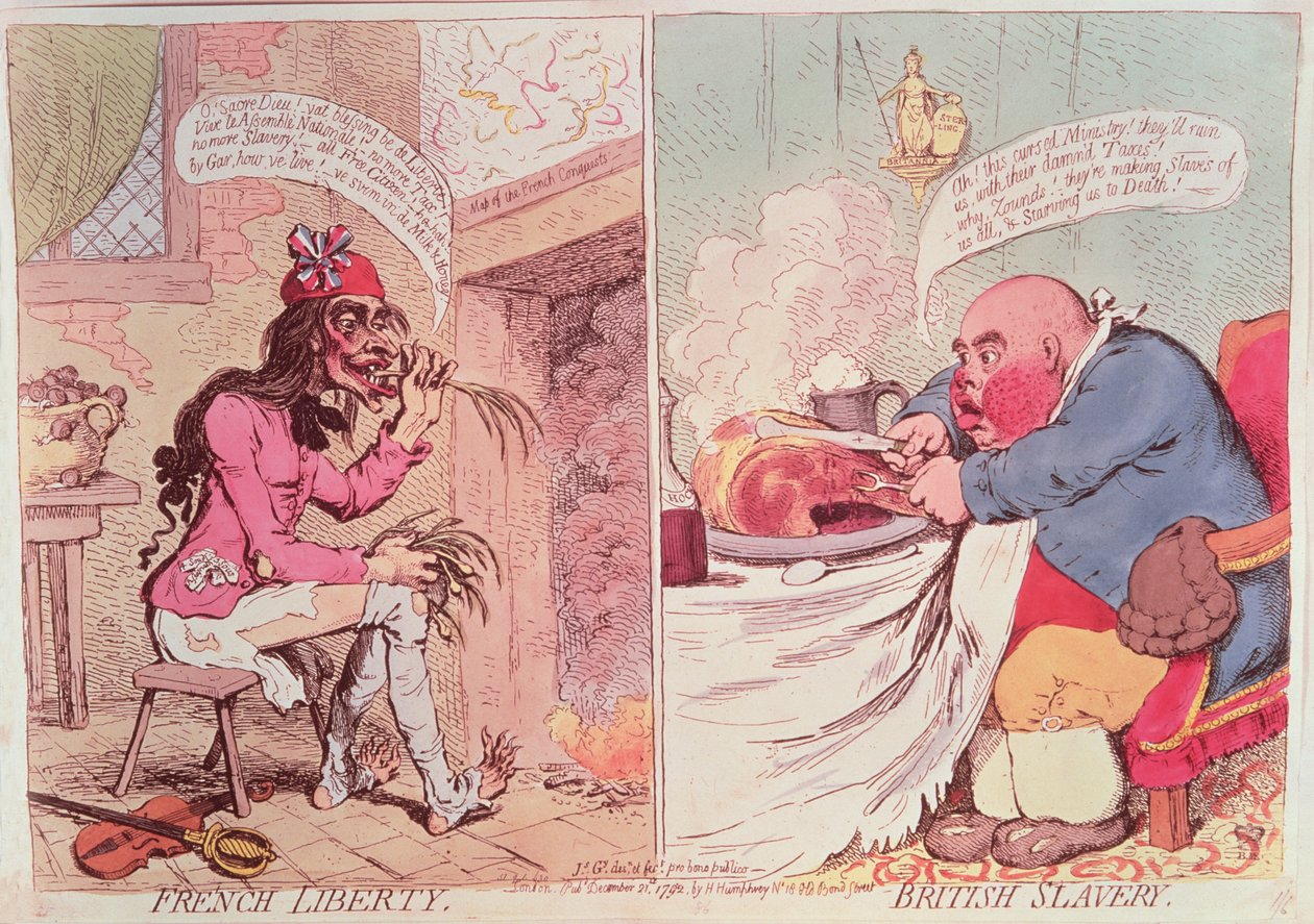 Liberdade francesa: Escravatura Britânica, c.1789, cartoon satírico de James Gillray