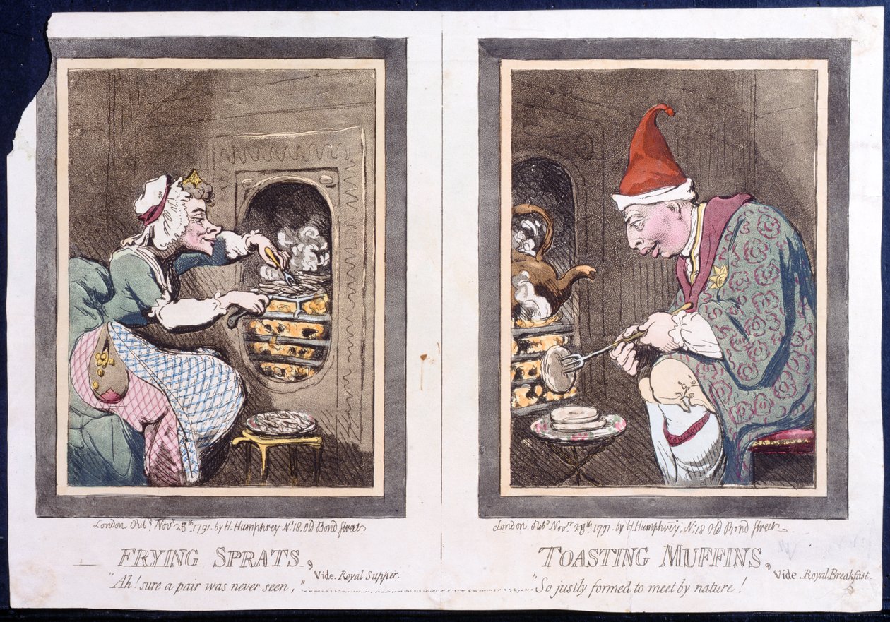 Fritura de Espadilha, ou Real Ceia, e Toasting Muffins, ou Royal Breakfast, publicado por Hannah Humphrey em 1791 (gravura à mão colorida) de James Gillray