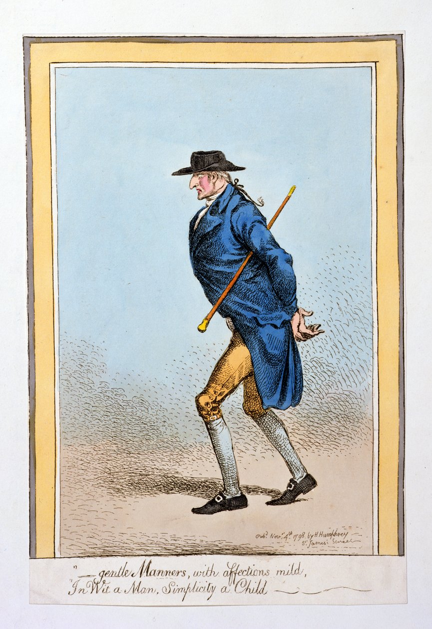 &39;Gentle Manners, com afetos leves, em Wit um homem, Simplicity a Child&39;, publicado por Hannah Humphrey em 1798 (gravura à mão colorida) de James Gillray