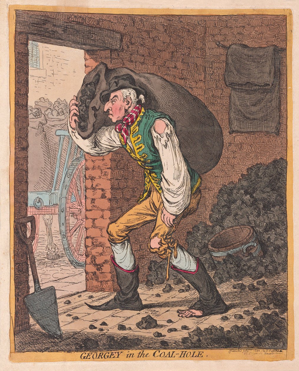 Georgey no buraco de carvão, pub. 1800 (gravura colorida à mão) de James Gillray